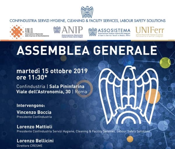 15 ottobre a Roma l'assemblea generale di Confindustria Servizi Hygiene, Cleaning & Facility Service, Labour Safety Solutions